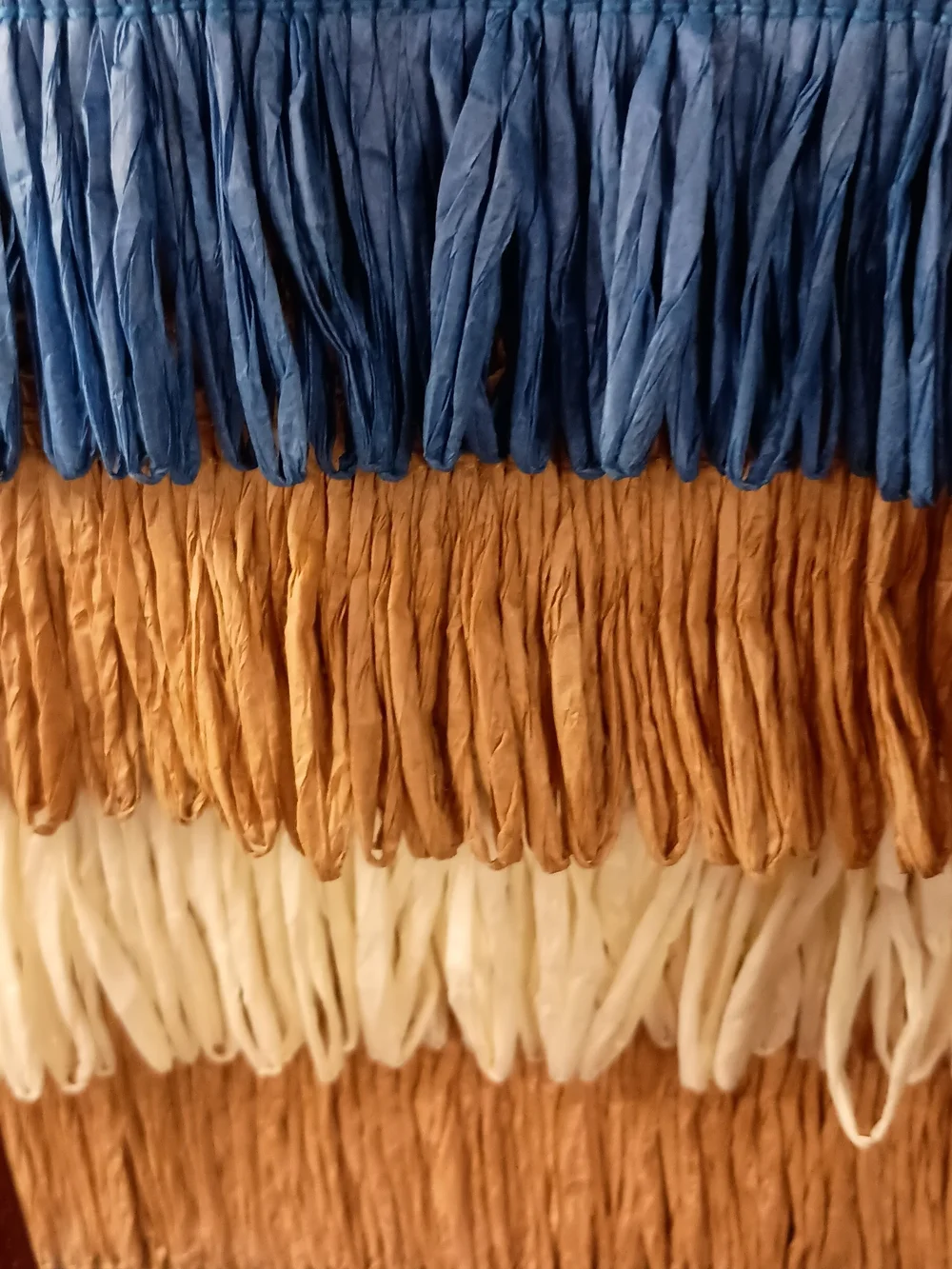 Layered Fringe Straw Tote in Blue, White & Tan